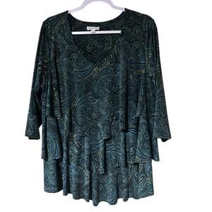 Susan Graver Top Boho Cottage Green Paisley Layered Stretch Liquid Knit SZ 1X